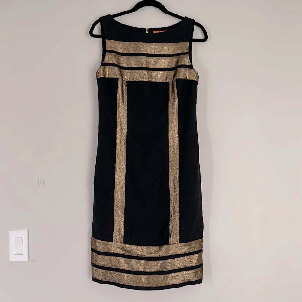 Tory Burch Simca Gold Lame’ Trim Crepe Black Dress Size 2